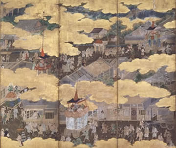 重要文化財《祇園祭礼図屏風(右隻部分)山鉾巡行》桃山時代 出光美術館蔵