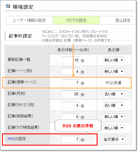 RSS 表示件数の設定,FC2ブログ 管理画面