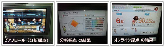Wii カラオケ U の プレイ画像（ピアノロール，分析採点，オンライン採点）