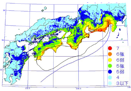 東海・東南海・南海地震の震度分布(2003年)
