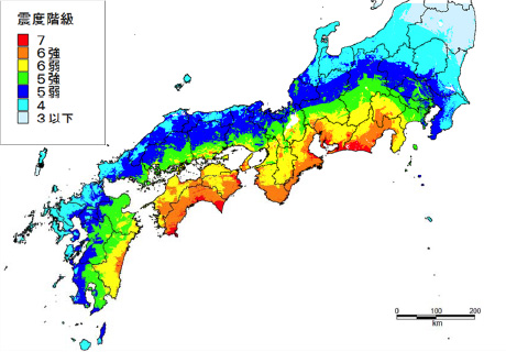 南海トラフ巨大地震による震度分布(2012年)