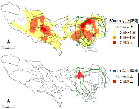 東京区部多摩地域豪雨発生分布状況(1kmメッシュ)