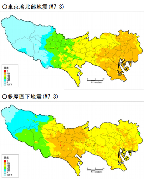 東京湾北部地震(M7.3)と多摩直下地震(M7.3)の震度分布図