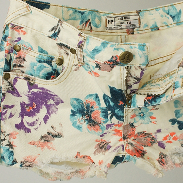 FREE PEOPLE PRINTED DENIM FLORAL CUT OFFS