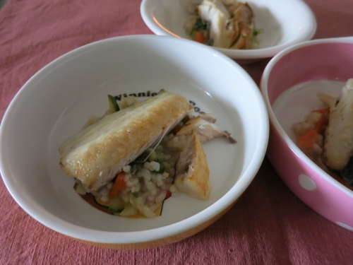 朝ご飯 野菜たっぷりおじやとさわら焼