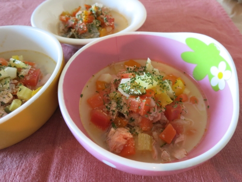 朝ご飯 サーモンのミネストローネ