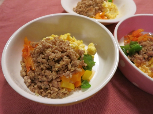 夜ご飯 4色のそぼろ丼