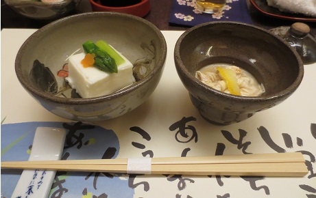 梅の花　湯葉煮とホワイトアスパラ豆腐