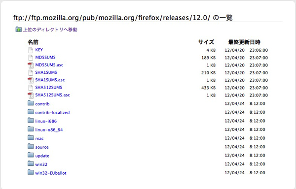 Firefox、Mozillaのftpサーバー、お目当てのバージョンを探す。